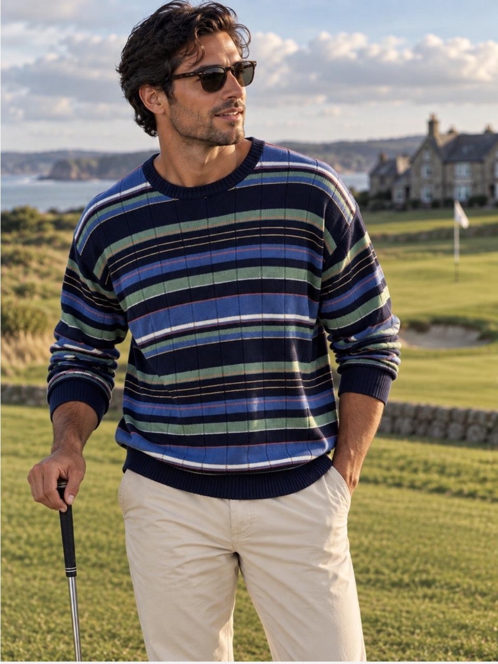 Classic Navy, Blue and Green Horizontal-Strip Crewneck Sweater